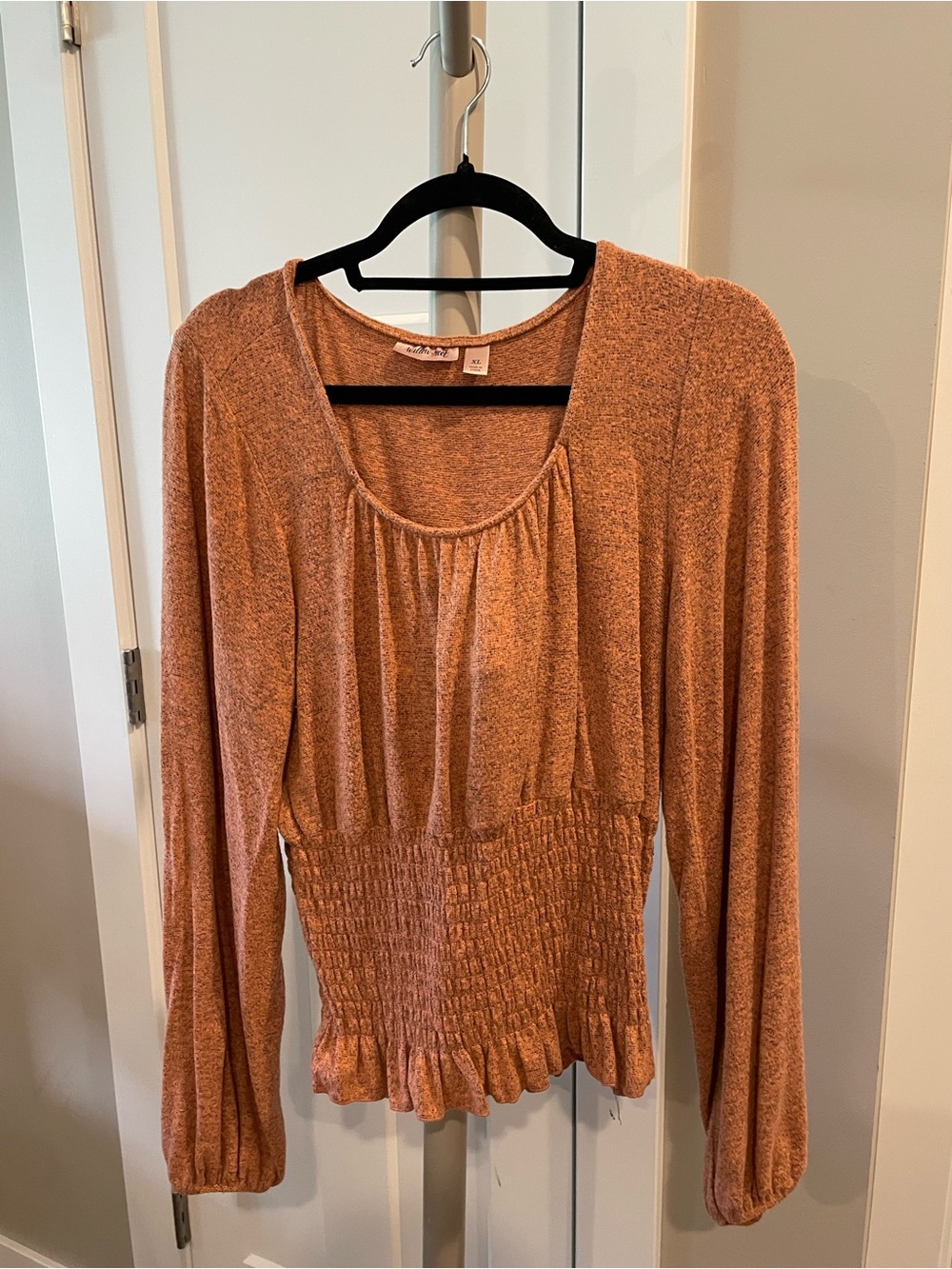 Smocked Hem Long Sleeve Top in Rust